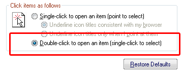 Folder options - double click (clic dublu pentru deschidere foldere si fisiere)