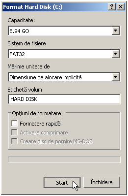 Optiuni formatare hard disk